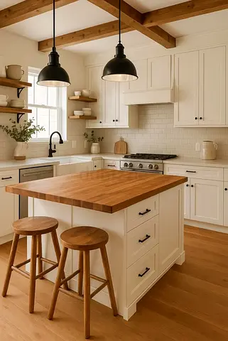 Solid Wood Kitchen Island with Butcher Block Top and Stools
