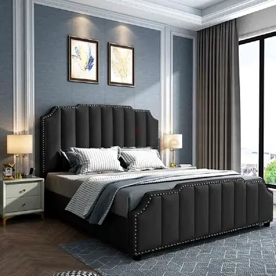 Modern King Size Upholstered Bed with Padded Headboard and Footboard