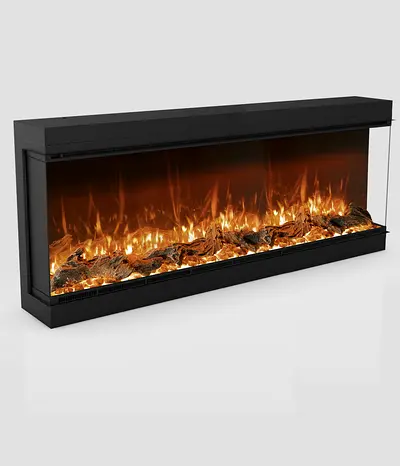 Modern Wide Wall-Mounted Electric Fireplace - 3-Sided Glass Display