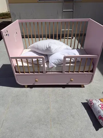 Light Pink Wooden Baby Crib with Storage Drawers — Good Condition