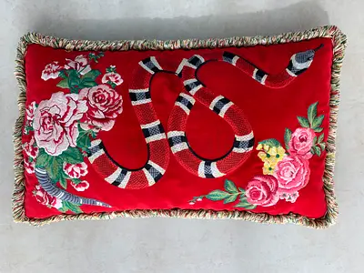 Gucci Embroidered Velvet Red Decorative Cushion with Snake  Floral Motif