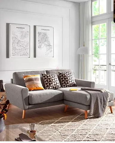 Light Grey Fabric L-Shaped Sofa with Wooden Legs
