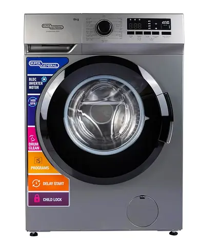Super General 8kg Front Load Washing Machine - Inverter, 1400 RPM, with 2 years damage warranty