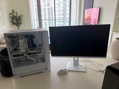 White Gaming PC Tower with 27 Monitor and Mouse - Clean Setup