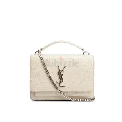 Authentic Saint Laurent Cream Crocodile Embossed Sunset Chain Wallet