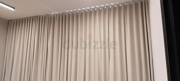 Full-height beige blackout curtains — used, excellent condition