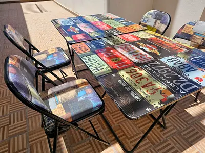 2 x Vintage License-Plate Dining Table with 4 Folding Chairs - Good Condition