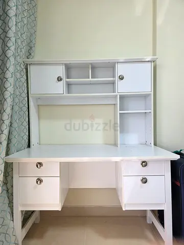 White Wooden Study Desk with Shelves and Drawers