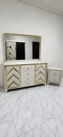 White and Gold Bed Set + Dresser with Mirror + Matching Nightstand (2 nos) - Used like New Condition