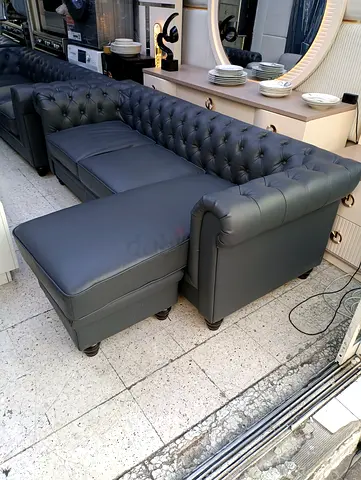 Dark Grey Leather Chesterfield L-shaped Sofa with Ottoman