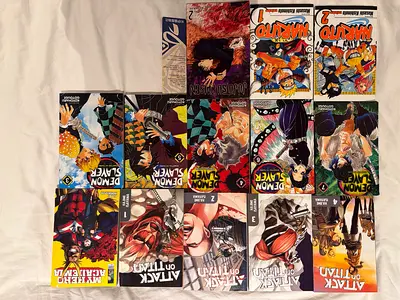 Anime comic books. Demon slayer, attack on titan , Hero academia, Naruto, jujutsu kaisen.