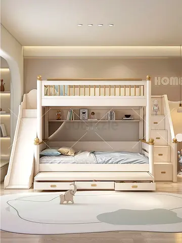 White Wooden Bunk Bed with Slide and Storage - Good Condition