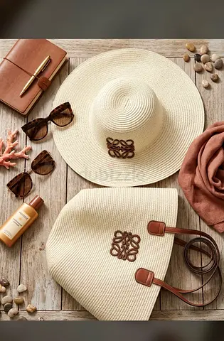 Loewe Matching Straw Sun Hat and Tote Bag Set with Leather Trim