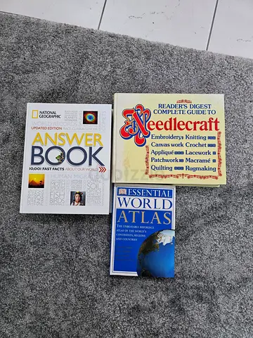 3-Book Reference Bundle – National Geographic Answer Book + Readers Digest Needlecraft + DK World A