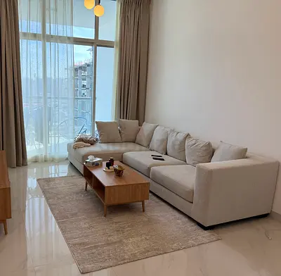 Light beige L-shaped fabric sofa - good condition