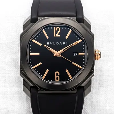 Bvlgari Octo Mens Watch — Black Dial, Rose Gold Markers