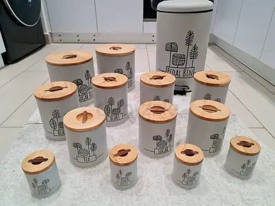 Set of 13 White Kitchen Storage Canisters with Bamboo magnetic Lids + Pedal Bin
