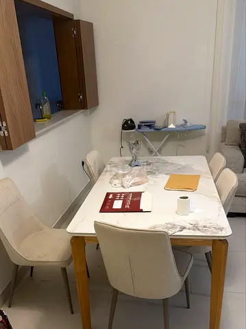 6-Seater Dining Table with Marble Top and Upholstered Chairs - Light Wood, premium sitting