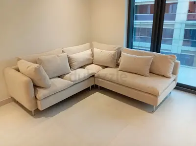 Light Beige L-Shaped Corner Sofa - 3 Seater with Chaise. Bought for 2500. Sold for 2100.