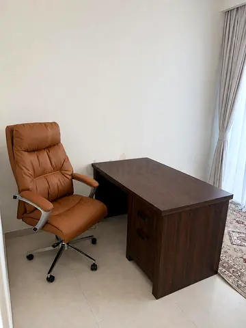 Wooden Office Desk with Brown Leather Executive Chair - Good Condition