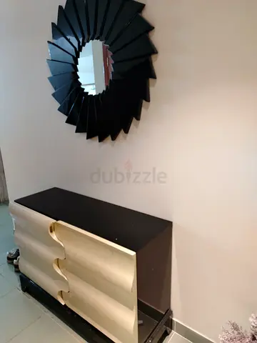 Modern beige and black shoe rack with sunburst mirror- Good Condition