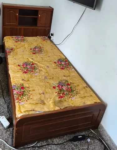 Single wooden bed with headboard storage - good condition