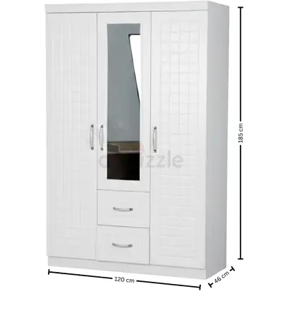White 3-Door Wardrobe with Mirror and Drawers - 185cm H x 120cm W