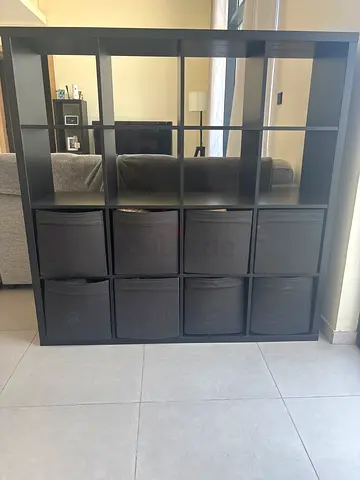 Large Black 4x4 Cube Shelving Unit with 8 black Fabric Drawers (IKEA Kallax)