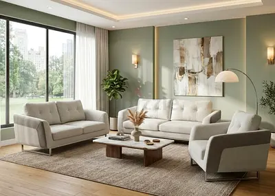 3-Piece Light Grey Fabric Sofa Set with Armchair and Coffee Table (Good Condition)
