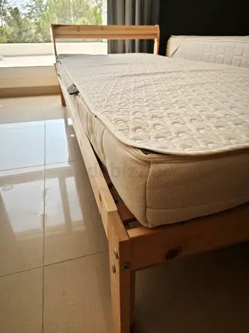 Single wooden bed frame with mattress topper - good condition