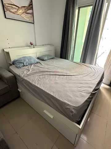 White wooden double bed frame mattress with headboard - good condition