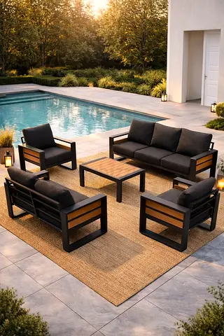 Outdoor Garden Sofa Set - 1 Sofa, 4 Armchairs  Coffee Table (Wood/Metal)