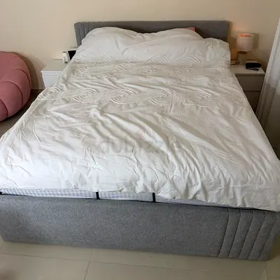 Grey Upholstered Double Bed with Headboard