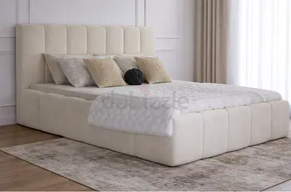 Beige Upholstered King Bed with Padded Headboard