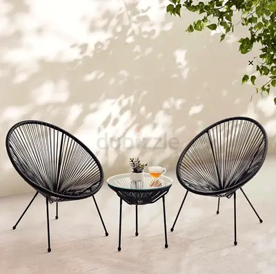Outdoor/Patio 2-Piece Round Rope Chairs with Side Table - Black