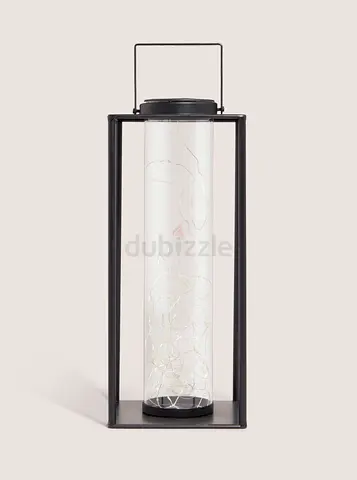 2 Modern Black Metal Lantern with Glass Cylinder solar powered