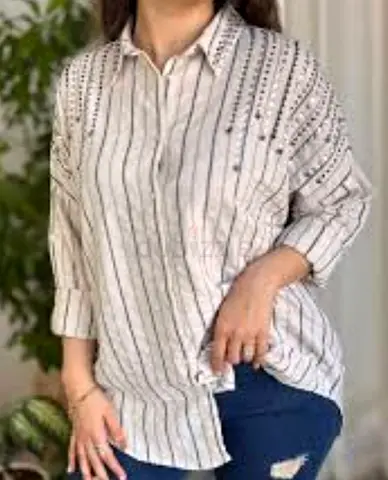 Beige Pinstripe Studded Long Sleeve Shirt - Casual Womens Top