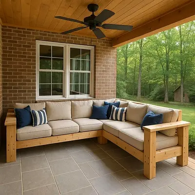 Solid Wood Outdoor L-Shaped Corner Sofa with Cushions