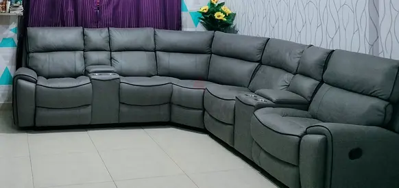 Large Grey Fabric L-Shaped Recliner Sofa - 6 Seater Corner Couch with Cup Holders