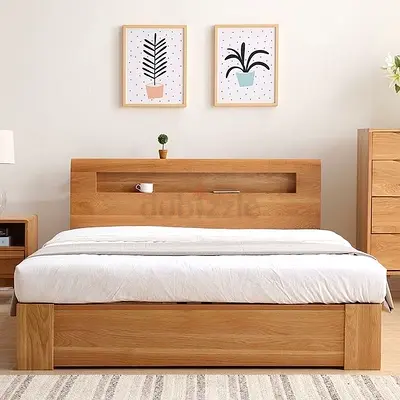 Solid Oak Platform Bed with Headboard Shelf - King Size