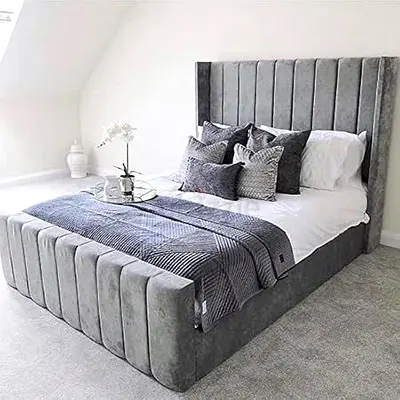 Grey Velvet Upholstered Double Bed with High Panel Headboard