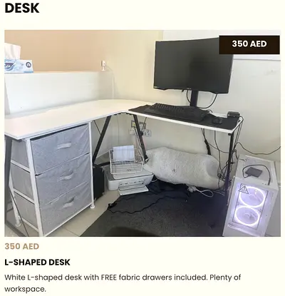 L-shaped White Office Desk with FREE Fabric Drawers - Good Condition