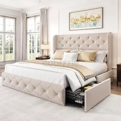 Beige Upholstered King Size Bed with Storage Drawers