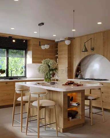 Modern wooden kitchen island with 4 matching bar stools