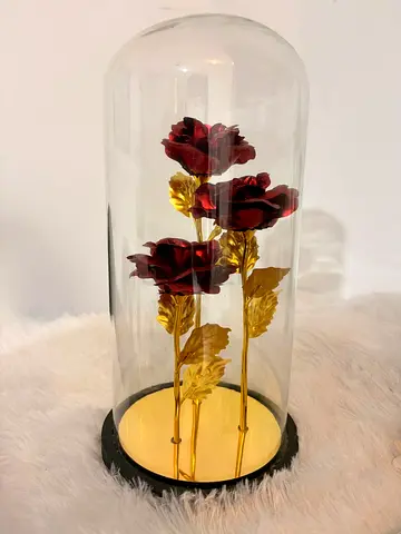 Decorative Red  Gold Preserved Roses Under Glass Dome