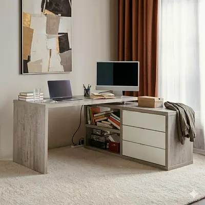 L-shaped Wooden Study office Desk with Drawers and Shelves