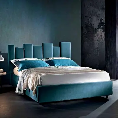 Upholstered Modern Double Bed with Channel-Tufted Headboard - Teal