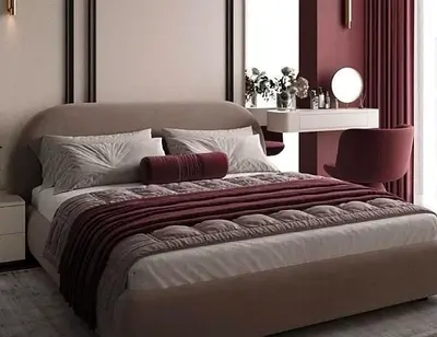 Modern upholstered queen bed with curved headboard (beige)