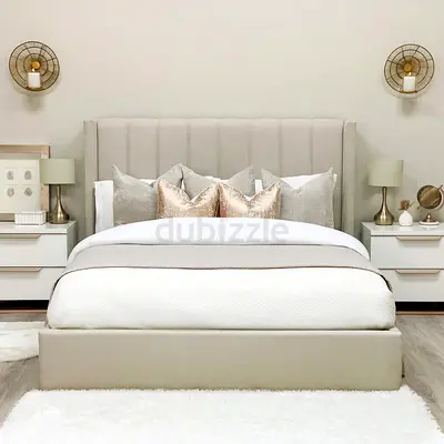 Upholstered King Bed with Padded Headboard - Neutral Beige