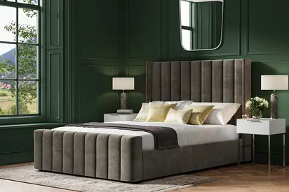 Queen/King Upholstered Velvet Bed with Tall Channel Tufted Headboard - Grey
